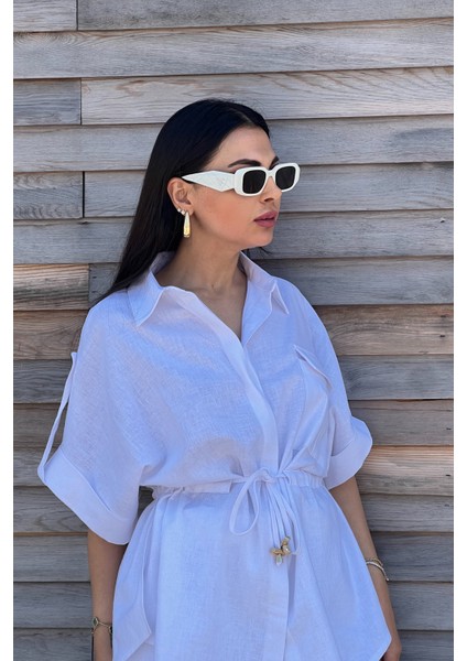 Beyaz Belden Bağlama Detaylı Keten Takım fiyatları