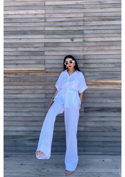 Beyaz Belden Bağlama Detaylı Keten Takım modelleri