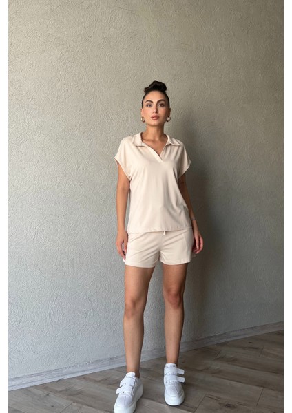 Bej Marka Model T-Shirt Şort Takım