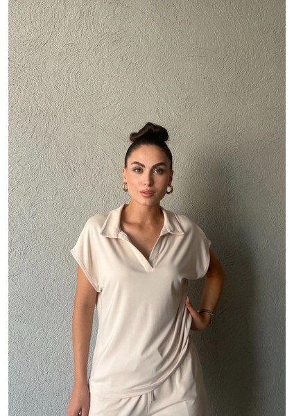 Bej Marka Model T-Shirt Şort Takım