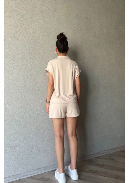 Bej Marka Model T-Shirt Şort Takım
