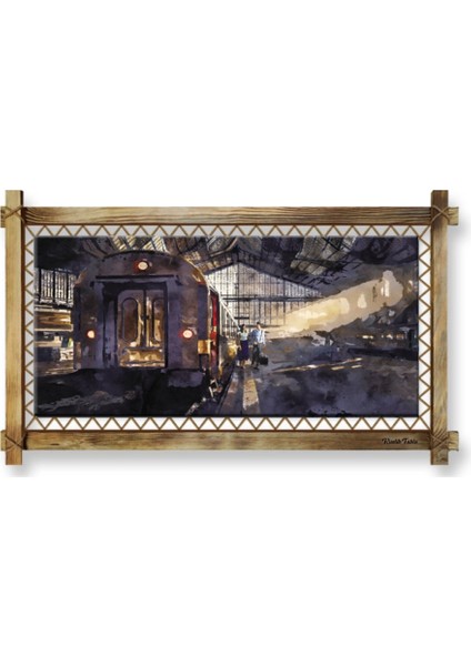 Galata Kulesi Gece LED Işıklı Rustik Kanvas Tablo B