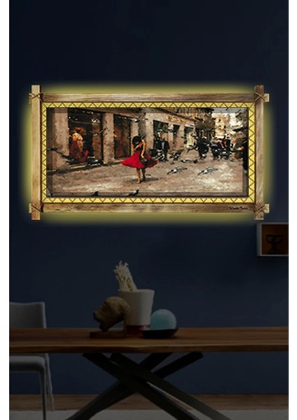 Kırmızılı Kadın LED Işıklı Rustik Kanvas Tablo O