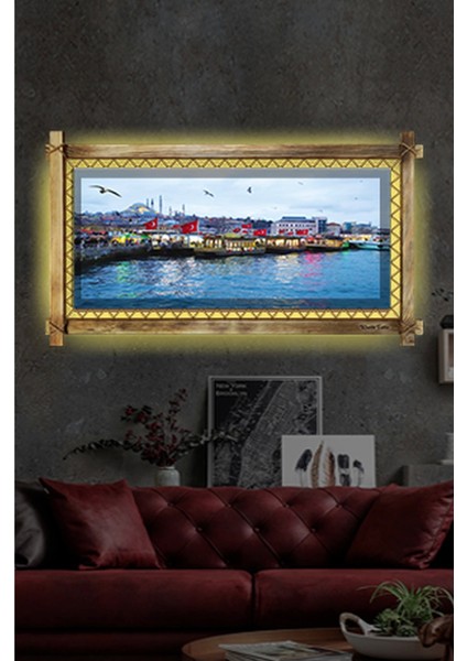 Istanbul Manzara LED Işıklı Rustik Kanvas Tablo B