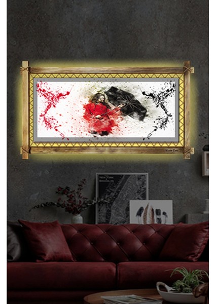 Şemsiyeli Kız LED Işıklı Rustik Kanvas Tablo O