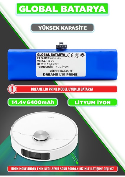Dreame L10 Prime Uyumlu Akıllı Robot Süpürge Bataryası 14.4V 6400MAH Li-Ion Pil (Yüksek Kapasite)
