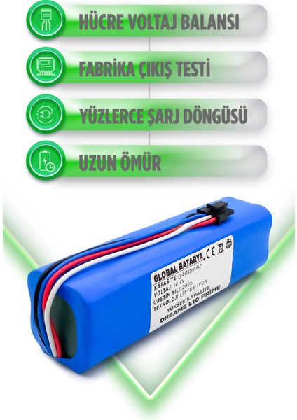 Dreame L10 Prime Uyumlu Akıllı Robot Süpürge Bataryası 14.4V 6400MAH Li-Ion Pil (Yüksek Kapasite)