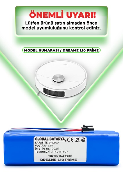 Dreame L10 Prime Uyumlu Akıllı Robot Süpürge Bataryası 14.4V 6400MAH Li-Ion Pil (Yüksek Kapasite)
