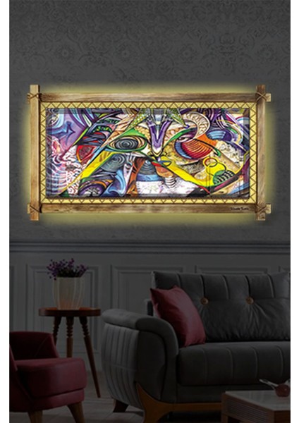 Soyut LED Işıklı Rustik Kanvas Tablo B