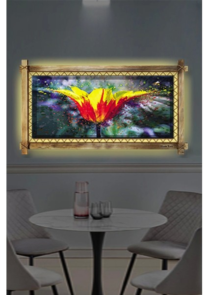 Sarı Çiçek LED Işıklı Rustik Kanvas Tablo O