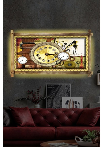 Zaman Saat LED Işıklı Rustik Kanvas Tablo B
