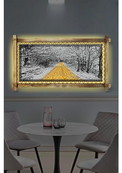 Orman Sarı Yol LED Işıklı Rustik Kanvas Tablo B