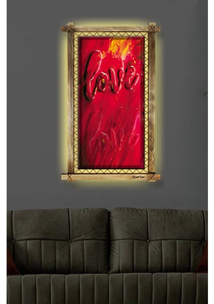 Love LED Işıklı Rustik Kanvas Tablo B