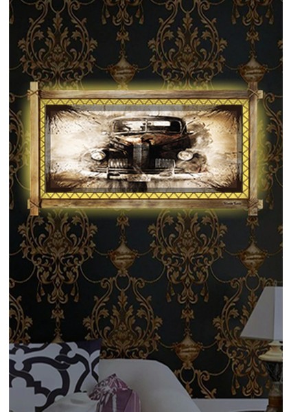 Antika Araba LED Işıklı Rustik Kanvas Tablo B