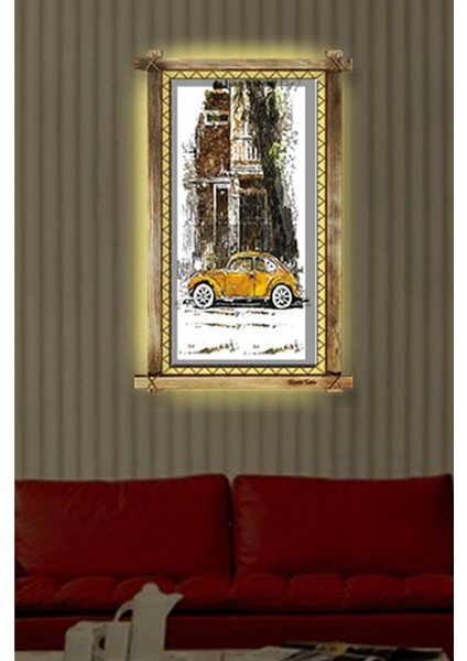 Sarı Araba LED Işıklı Rustik Kanvas Tablo O