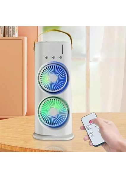 37CM A+ Uzaktan Kumandalı Buharlı Taşınabilir Midi Vantilatör Sağa ve Sola Döner USB Kablolu Masaüstü Kullanımı Kolay Çift Pervane Evde Ofiste Kampta Portatif Klima HR002