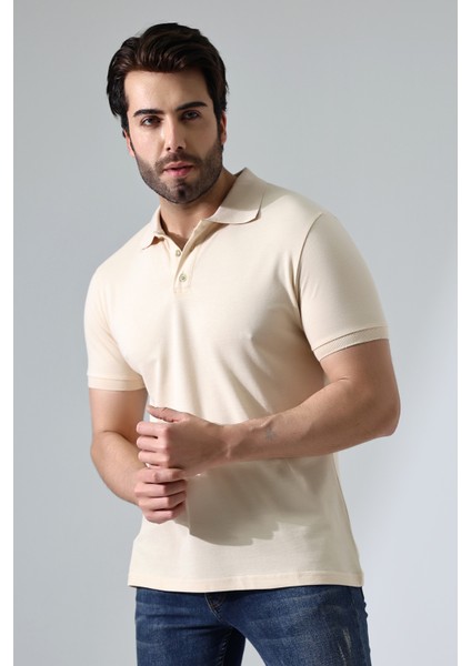 Pamuk Regular Fit Dar Kesim Kısa Kollu Polo Yaka T-Shirt 21844 Taş