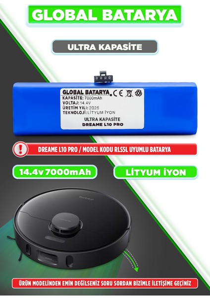 Dreame L10 Pro Uyumlu Akıllı Robot Süpürge Bataryası 14.4V 7000MAH Li-Ion Pil (Ultra Kapasite)