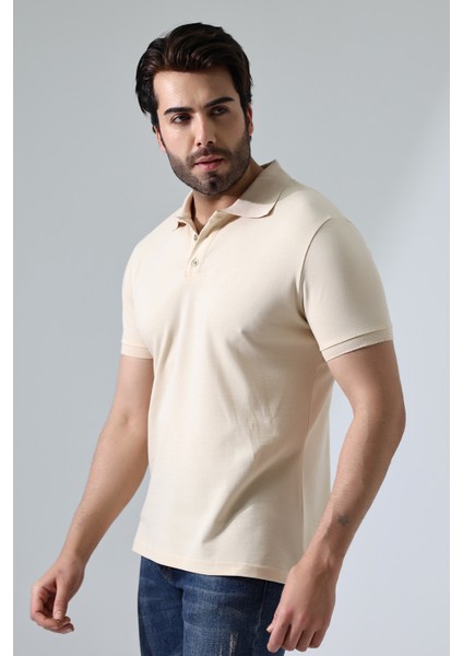 Pamuk Regular Fit Dar Kesim Kısa Kollu Polo Yaka T-Shirt 21844 Taş