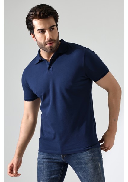 Pamuk Regular Fit Dar Kesim Kısa Kollu Polo Yaka T-Shirt 21844 Lacivert