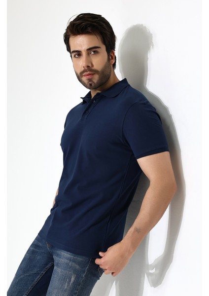 Pamuk Regular Fit Dar Kesim Kısa Kollu Polo Yaka T-Shirt 21844 Lacivert