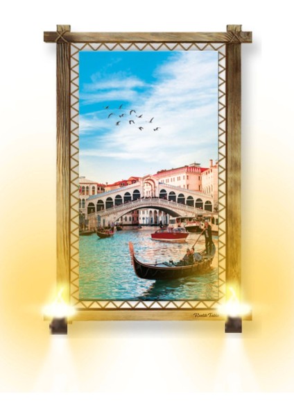 Rustik Işıklı Venedik Kayık Kanvas Rustik Tablo B
