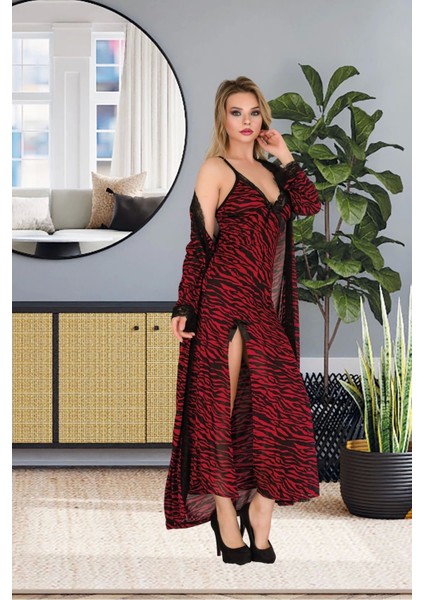 Kadın Zebra Desen Bordo Askılı Yırtmaçlı Gecelik ve Sabahlık Takım Uzun Gecelik Elbise