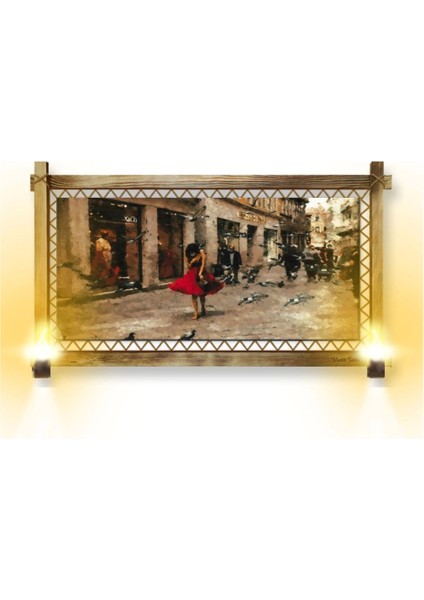 Rustik Işıklı Kırmızılı Kadın Kanvas Rustik Tablo B