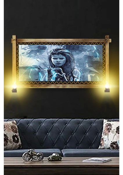 Rustik Işıklı Mavi Kız Kanvas Rustik Tablo B modelleri