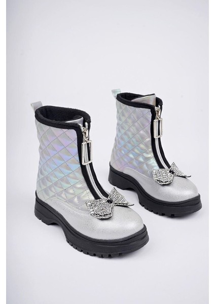 Taşlı Fiyonk Detaylı Kız çocuk bot - Gümüş