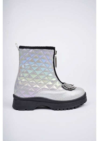 Taşlı Fiyonk Detaylı Kız çocuk bot - Gümüş modelleri