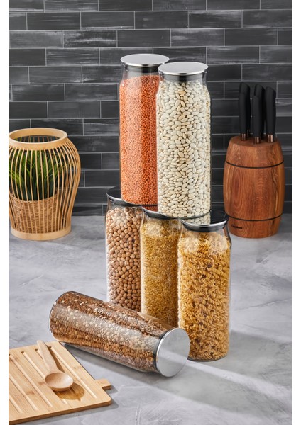 1800 ml 25.5 cm Gümüş Kapaklı Cam Kavanoz - Hava Geçirmez, Hijyenik ve Şık Saklama Çözümü (Makarna, Bakliyat, Baharat ve Daha Fazlası Için)