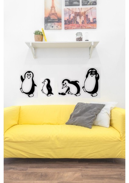 Penguen Aile Tablosu Dekoratif Ahşap Dekoratif Obje