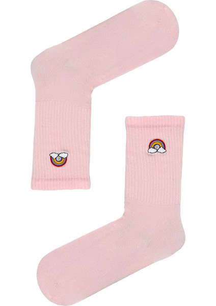 Nakışlı Gökkuşağı Desenli Pembe Çorap