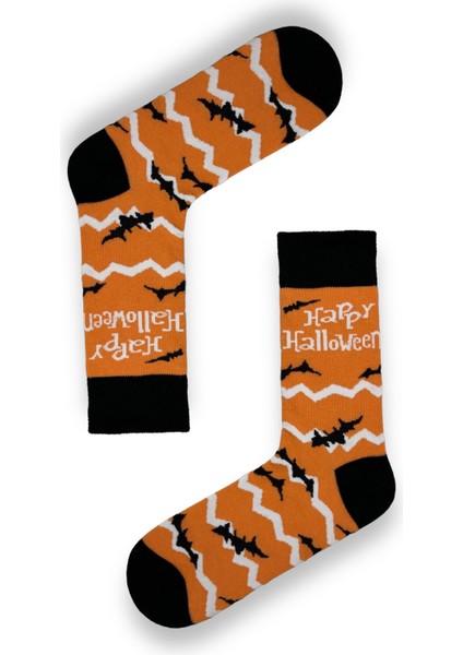 Happy Halloween Yazılı Yarasa Desenli Turuncu Renkli Soket Çorap
