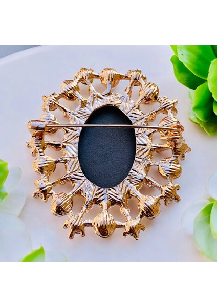 Inci Taşlı Rose Renk Kaplamalı Vintage Zirkon Taşlı Tasarım Cameo Kraliçe Broş