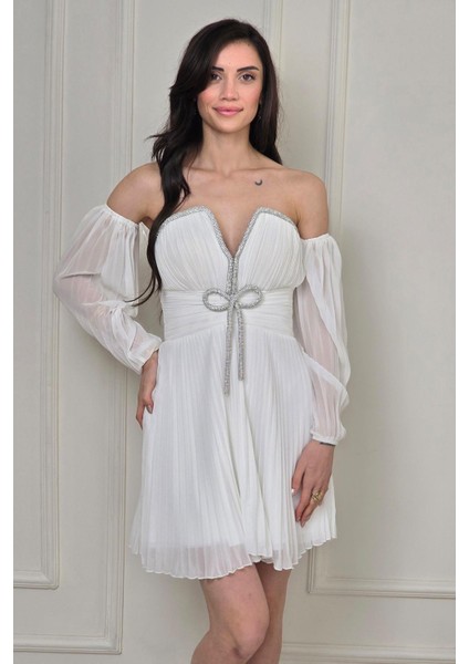 Ekru Taşlı Piliseli Mini Abiye 58387
