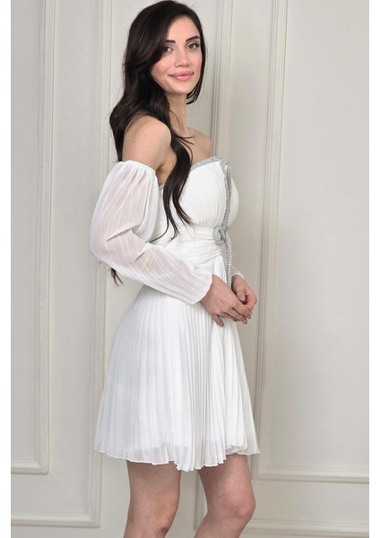 Ekru Taşlı Piliseli Mini Abiye 58387