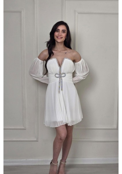 Ekru Taşlı Piliseli Mini Abiye 58387
