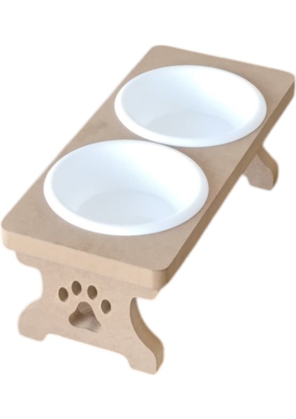 Ahşap Demonte 2 Plastik Taslı Kedi Mama ve Su Kabı Beyaz