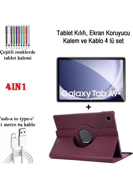 Samsung Galaxy Tab A9+ 11'' SM-X210 360° Dönebilen Standlı Pu Deri Kılıf+Ekran Koruyucu+Kalem+Kablo
