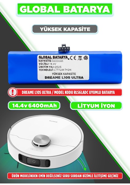 Dreame L10S Ultra Uyumlu Akıllı Robot Süpürge Bataryası 14.4V 6400MAH Li-Ion Pil (Yüksek Kapasite)