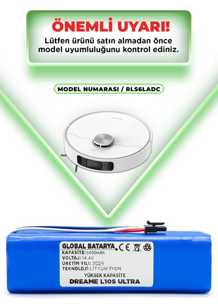 Dreame L10S Ultra Uyumlu Akıllı Robot Süpürge Bataryası 14.4V 6400MAH Li-Ion Pil (Yüksek Kapasite)