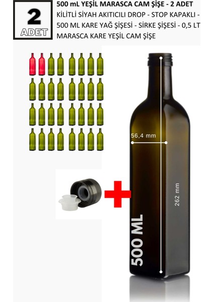 500 ml Yeşil Marasca Cam Şişe - 2 Adet Kilitli Siyah Akıtıcılı Drop - Stop Kapaklı - 500 ml Kare Yağ Şişesi - Sirke Şişesi - 0,5 Lt Marasca Kare Yeşil Cam Şişe
