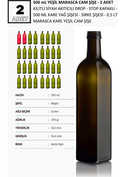 500 ml Yeşil Marasca Cam Şişe - 2 Adet Kilitli Siyah Akıtıcılı Drop - Stop Kapaklı - 500 ml Kare Yağ Şişesi - Sirke Şişesi - 0,5 Lt Marasca Kare Yeşil Cam Şişe