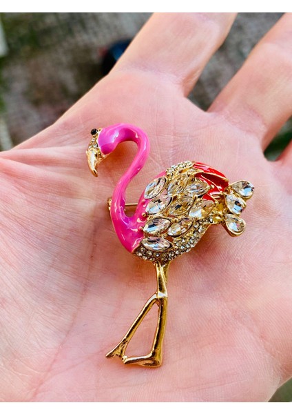 Pembe Renk Mineli Zirkon Taşlı Altın Renk Tasarım Flamingo Broş modelleri