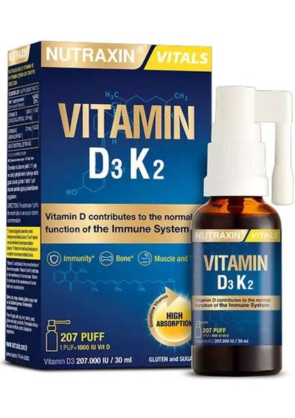 Vitamin D3 K2 Sprey 30 ml D3 ve K2 Vitamini İçerikli Takviye Edici Gıda.