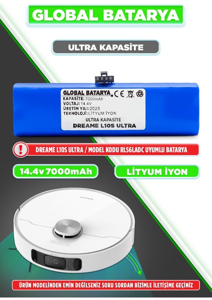 Dreame L10S Ultra Uyumlu Akıllı Robot Süpürge Bataryası 14.4V 7000MAH Li-Ion Pil (Ultra Kapasite)