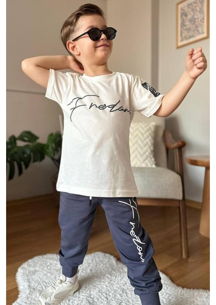Erkek Çocuk Önü Fredoom Yazı Baskı Arkası Kartal Figürlü T-Shirt Siyah Eşofman Takım