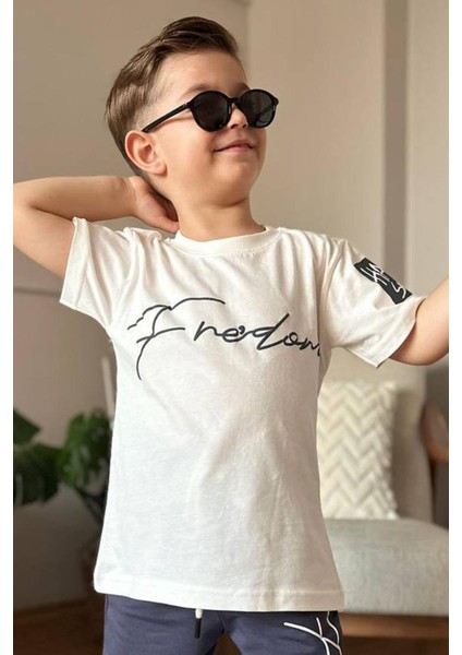 Erkek Çocuk Önü Fredoom Yazı Baskı Arkası Kartal Figürlü T-Shirt Siyah Eşofman Takım modelleri